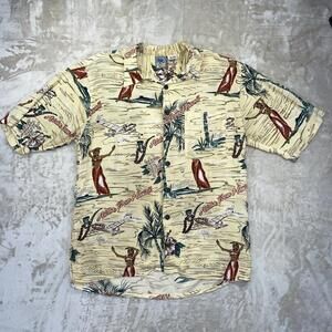 Vintage Gotcha Hawaiian Shirt Mens L Tiki Girls Loop Collar Aloha WW2 Planes Y2K